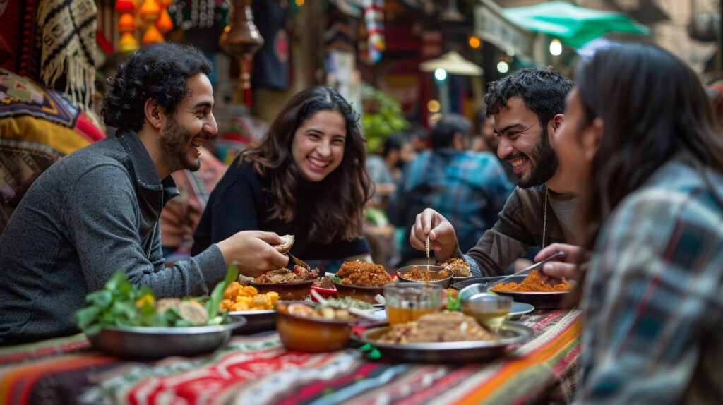 Visitors enjoying Indian foods at a vibrant outdoor market, sharing traditional dishes and laughing together.