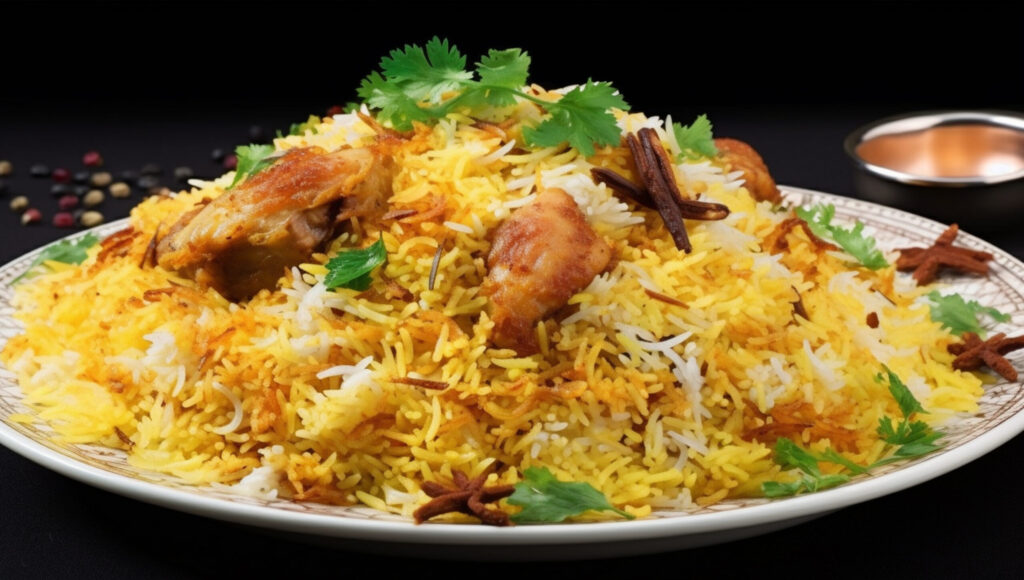 A plate of flavorful Indian chicken biryani garnished with fresh coriander, saffron rice, and aromatic whole spices